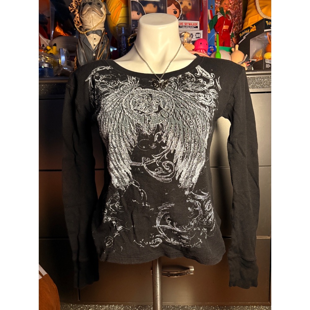 ❌❌❌SOLD❌❌❌Y2K Love Love Lo Black Waffle Knit Graphic Angel Wing Top Large #2